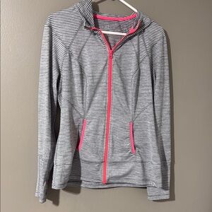 Lukka Black and White Striped Hoodie with Pink Accents